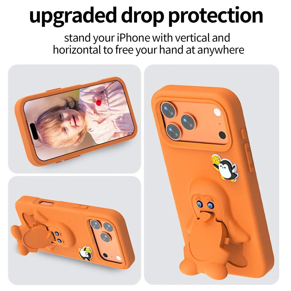 For iPhone 18 Pro / 17 Pro Case Penguin Design Kickstand Shockproof EVA Phone Cover - Orange - 4