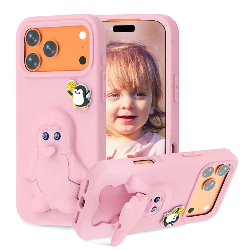 For iPhone 18 Pro Max / 17 Pro Max Case Penguin Design Kickstand Shockproof EVA Phone Cover - Pink - 1