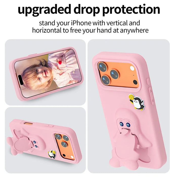 For iPhone 18 Pro Max / 17 Pro Max Case Penguin Design Kickstand Shockproof EVA Phone Cover - Pink - 4