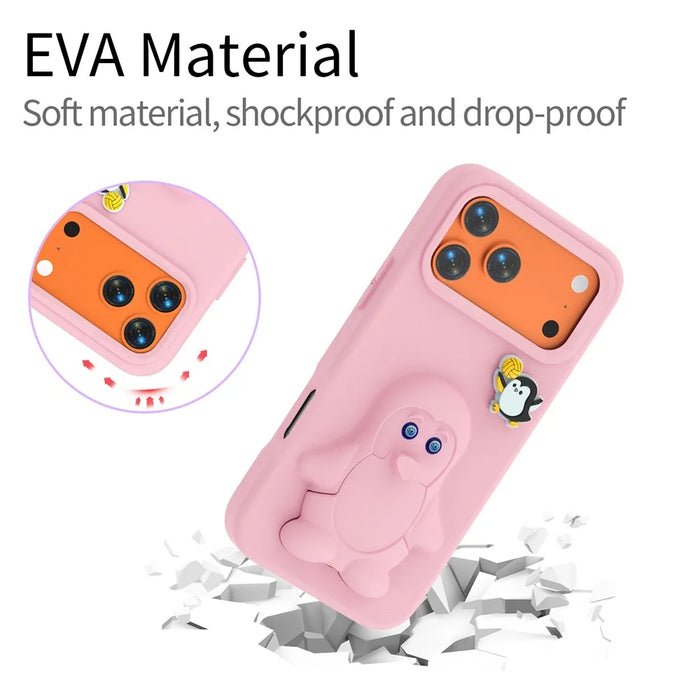 For iPhone 18 Pro Max / 17 Pro Max Case Penguin Design Kickstand Shockproof EVA Phone Cover - Pink - 5