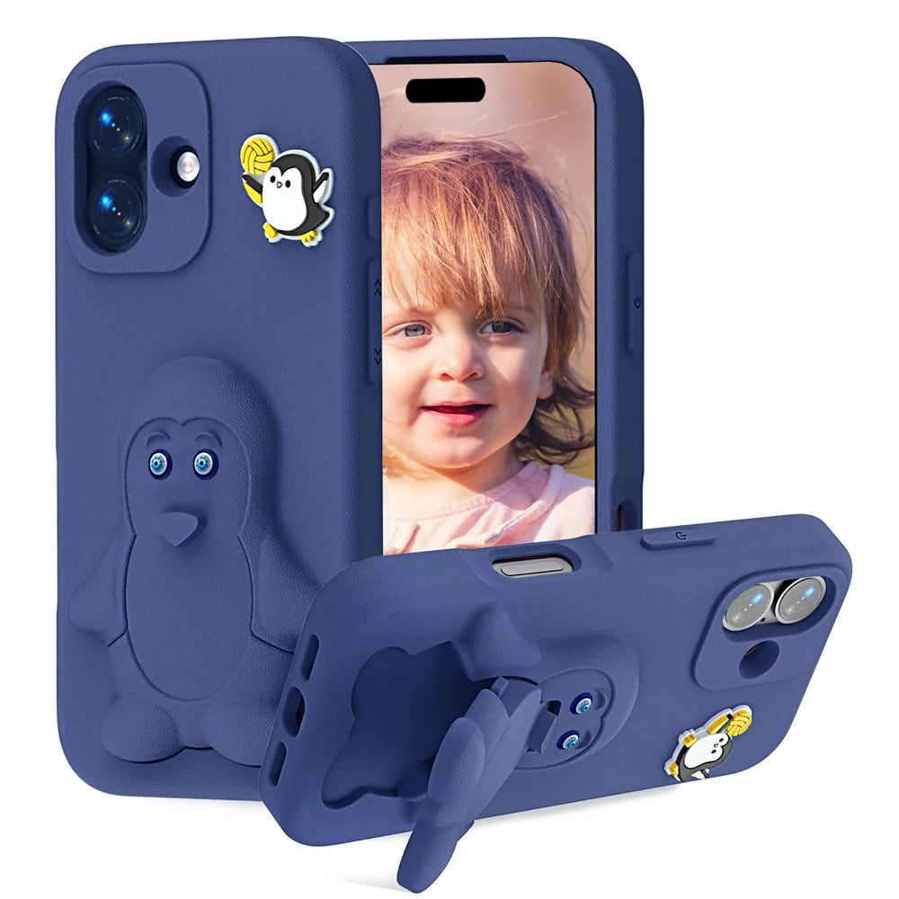 For iPhone 16 Case Penguin Design Kickstand Shockproof EVA Phone Cover - Navy Blue - 1