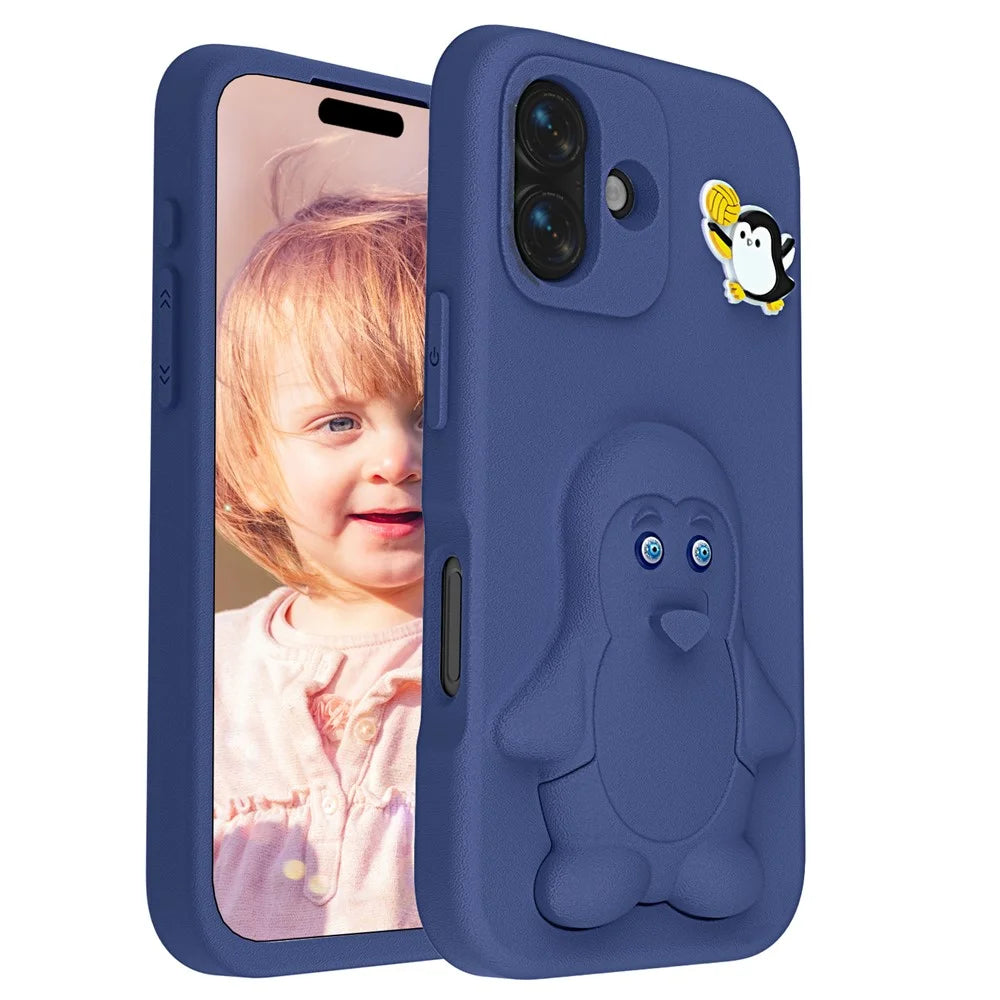 For iPhone 16 Case Penguin Design Kickstand Shockproof EVA Phone Cover - Navy Blue - 2