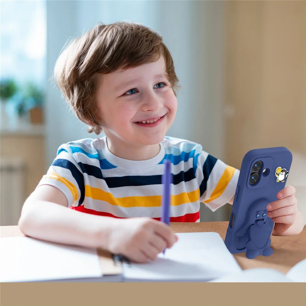 For iPhone 16 Case Penguin Design Kickstand Shockproof EVA Phone Cover - Navy Blue - 7
