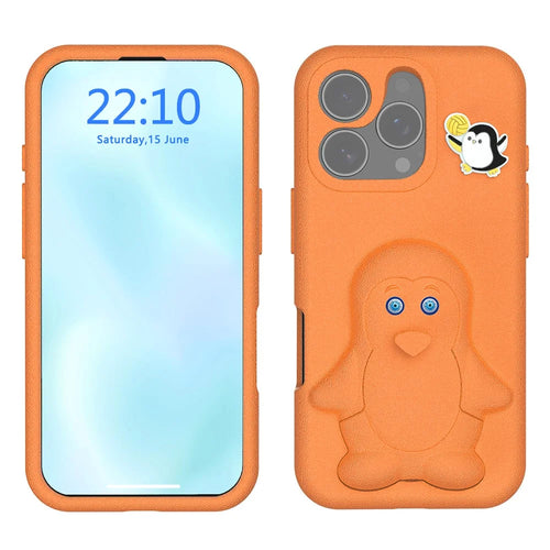 For iPhone 16 Pro Case Penguin Design Kickstand Shockproof EVA Phone Cover - Orange - 1