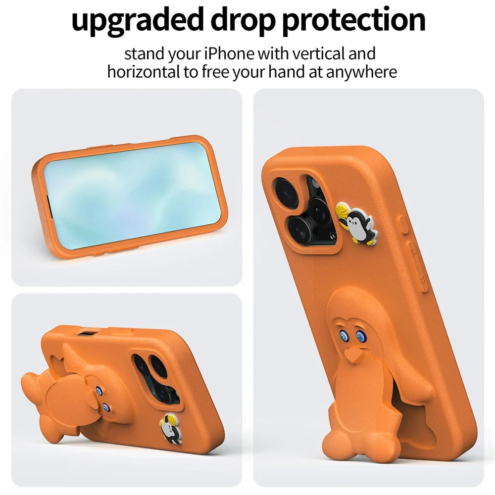For iPhone 16 Pro Case Penguin Design Kickstand Shockproof EVA Phone Cover - Orange - 3