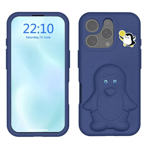 For iPhone 16 Pro Max Case Penguin Design Kickstand Shockproof EVA Phone Cover - Navy Blue - 1