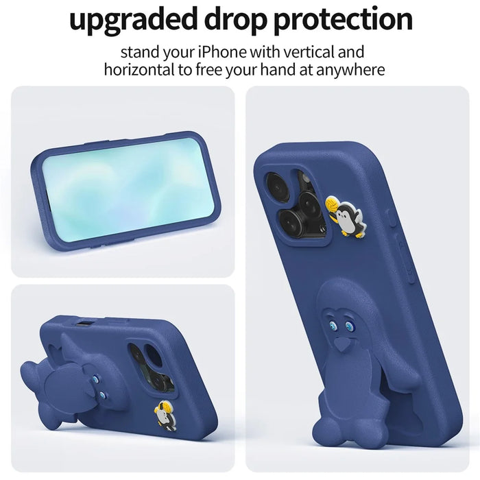 For iPhone 16 Pro Max Case Penguin Design Kickstand Shockproof EVA Phone Cover - Navy Blue - 3
