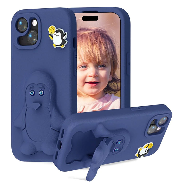 For iPhone 15 Case Penguin Design Kickstand Shockproof EVA Phone Cover - Navy Blue - 1