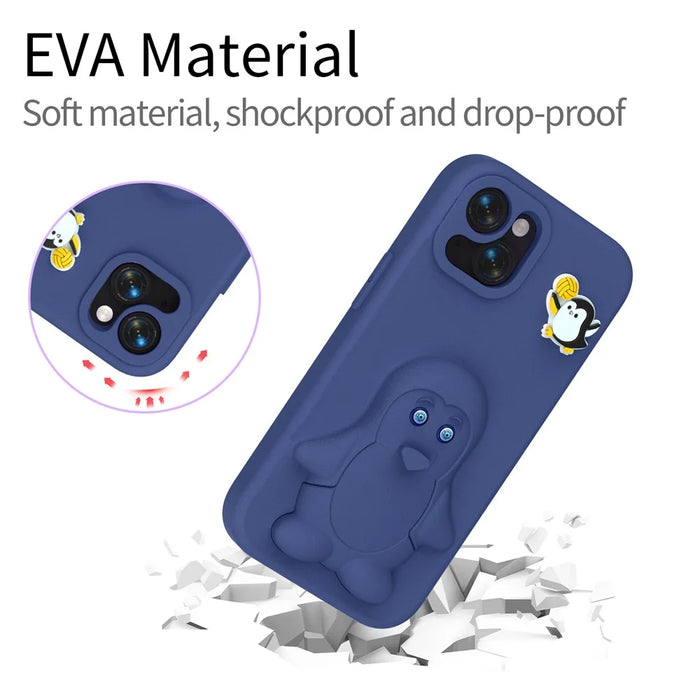 For iPhone 15 Case Penguin Design Kickstand Shockproof EVA Phone Cover - Navy Blue - 5