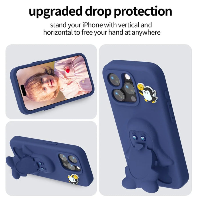 For iPhone 15 Pro Case Penguin Design Kickstand Shockproof EVA Phone Cover - Navy Blue - 3