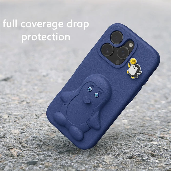 For iPhone 15 Pro Case Penguin Design Kickstand Shockproof EVA Phone Cover - Navy Blue - 4