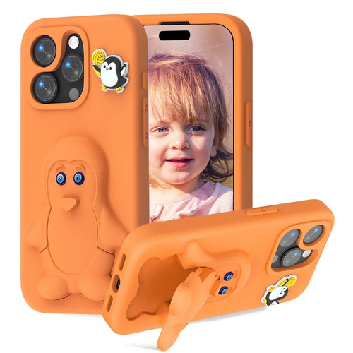 For iPhone 15 Pro Max Case Penguin Design Kickstand Shockproof EVA Phone Cover - Orange - 1