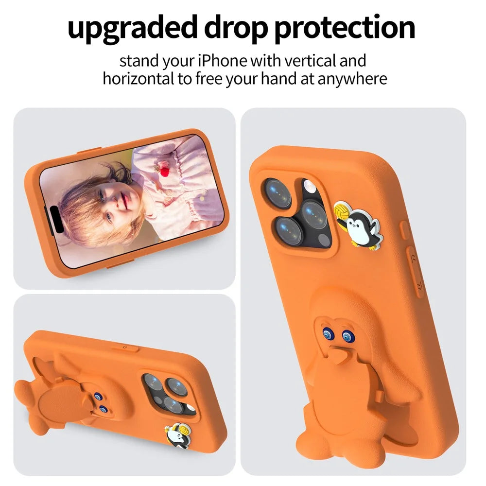 For iPhone 15 Pro Max Case Penguin Design Kickstand Shockproof EVA Phone Cover - Orange - 3