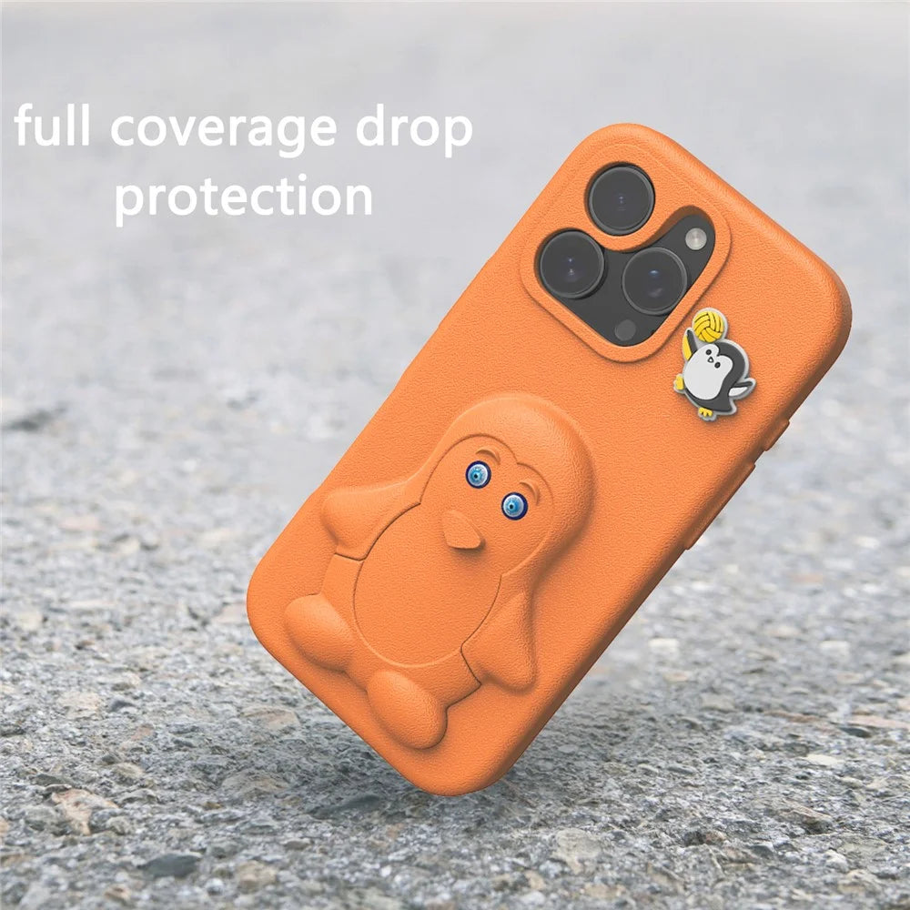 For iPhone 15 Pro Max Case Penguin Design Kickstand Shockproof EVA Phone Cover - Orange - 4