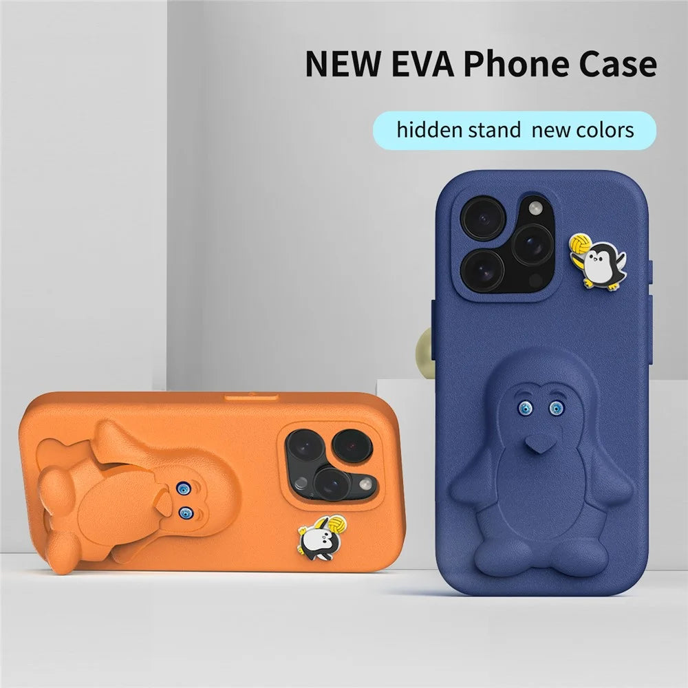 For iPhone 15 Pro Max Case Penguin Design Kickstand Shockproof EVA Phone Cover - Orange - 7