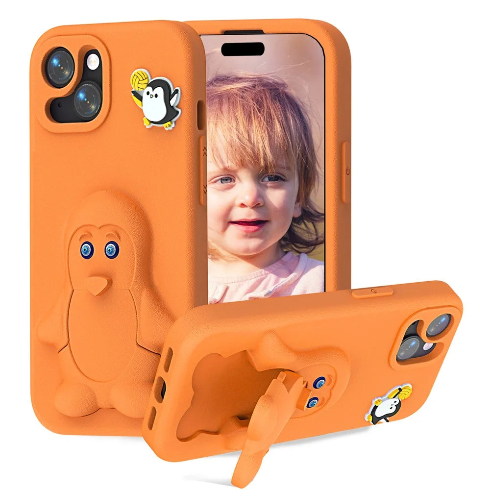 For iPhone 14  /  13 Case Penguin Design Kickstand Shockproof EVA Phone Cover - Orange - 1