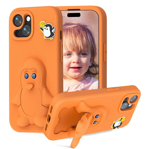 For iPhone 14  /  13 Case Penguin Design Kickstand Shockproof EVA Phone Cover - Orange - 1