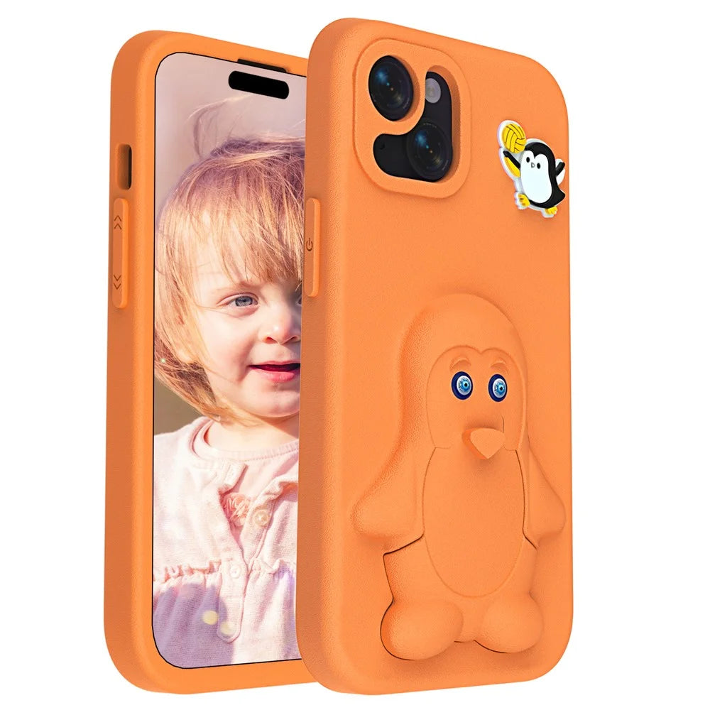 For iPhone 14  /  13 Case Penguin Design Kickstand Shockproof EVA Phone Cover - Orange - 2
