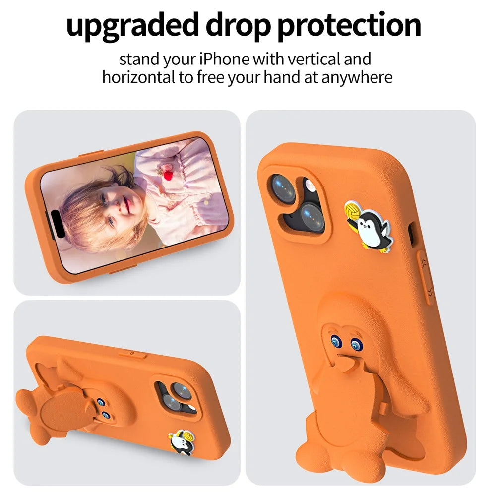 For iPhone 14  /  13 Case Penguin Design Kickstand Shockproof EVA Phone Cover - Orange - 3