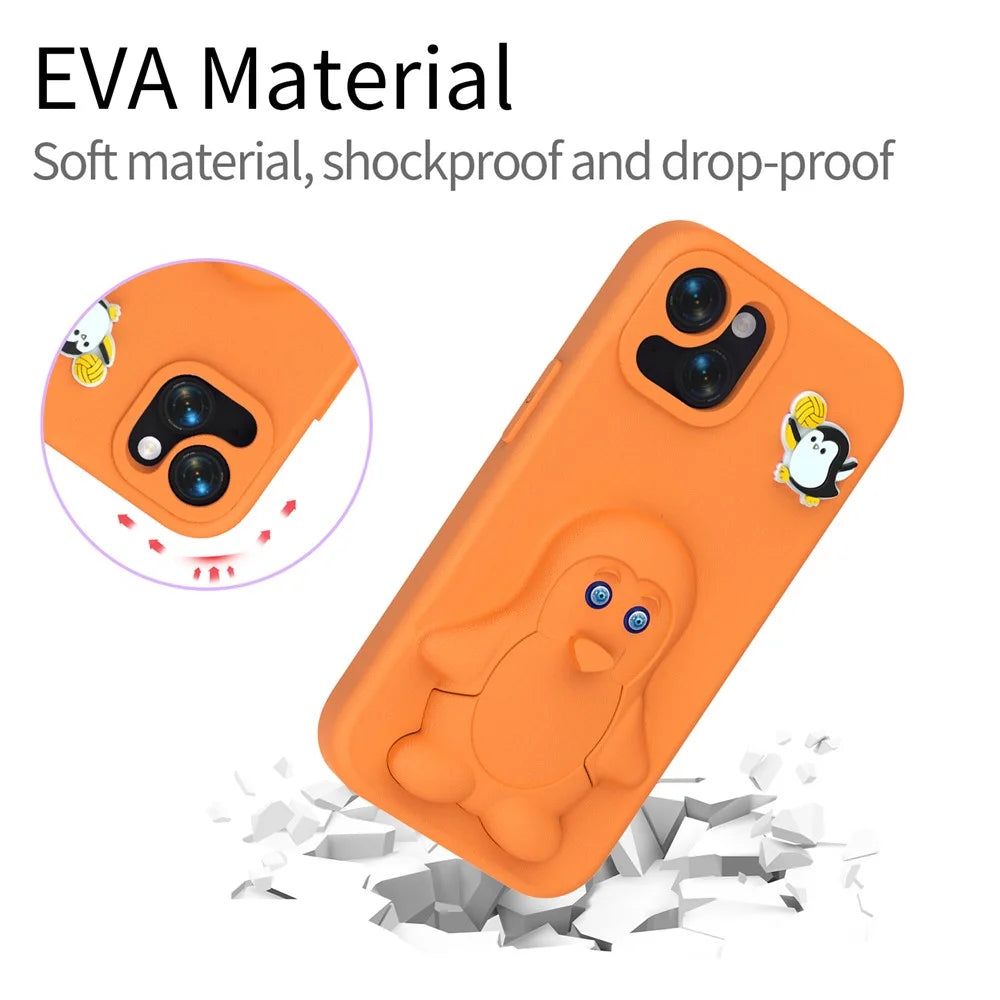 For iPhone 14  /  13 Case Penguin Design Kickstand Shockproof EVA Phone Cover - Orange - 5