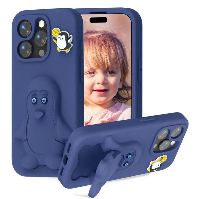 For iPhone 14 Pro Max Case Penguin Design Kickstand Shockproof EVA Phone Cover - Navy Blue - 1