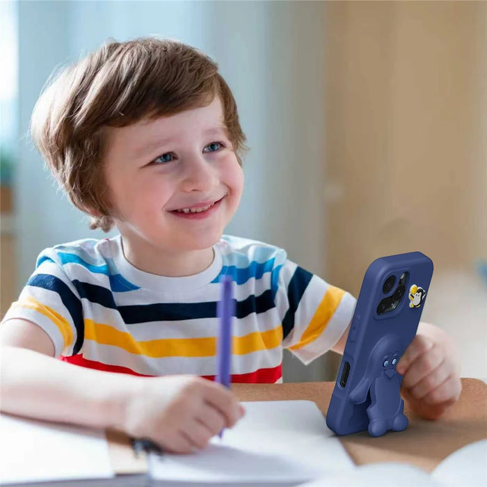 For iPhone 14 Pro Max Case Penguin Design Kickstand Shockproof EVA Phone Cover - Navy Blue - 6