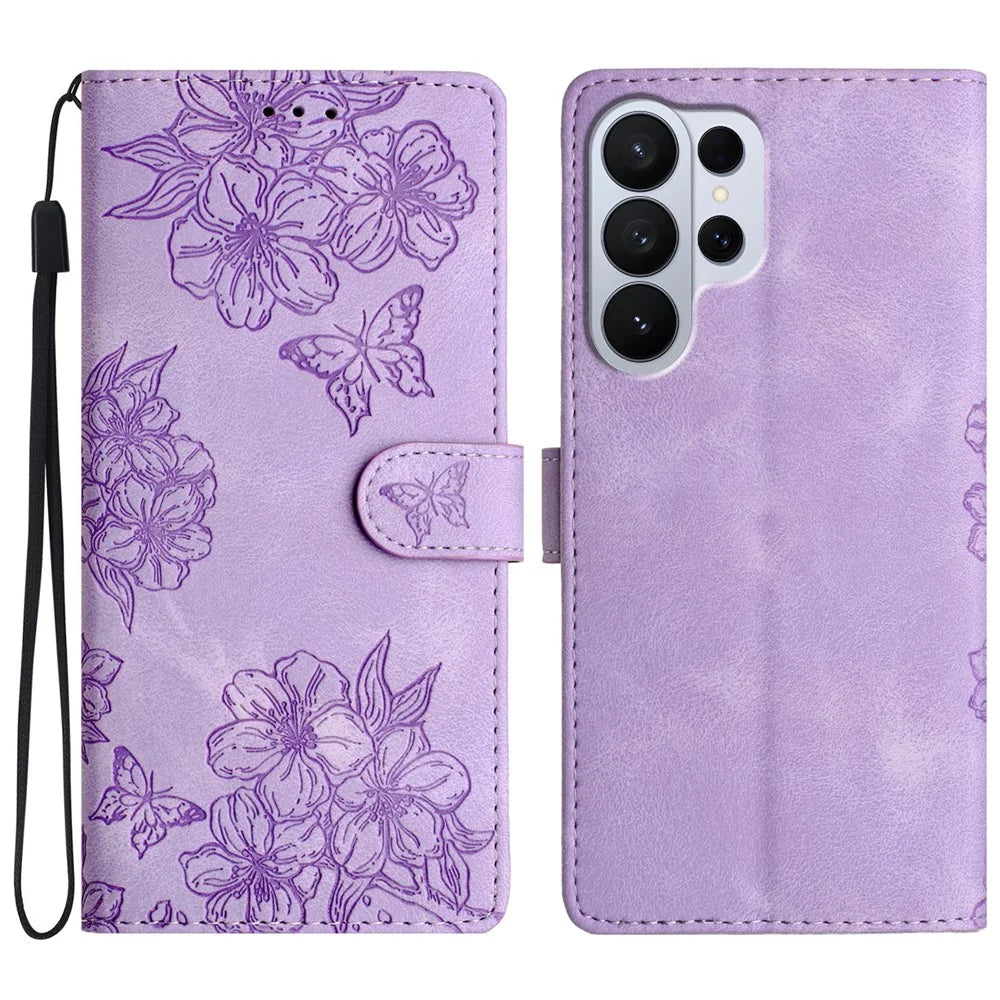 For Samsung Galaxy S26 Ultra Case Butterfly Flower Pattern Skin-Touch Leather Phone Cover - Purple - 1