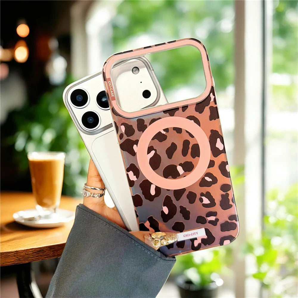 CICI-CITY For iPhone 17 Pro Case Compatible with MagSafe PC + TPU IMD Pattern Print Phone Cover - Brown / Leopard - 3