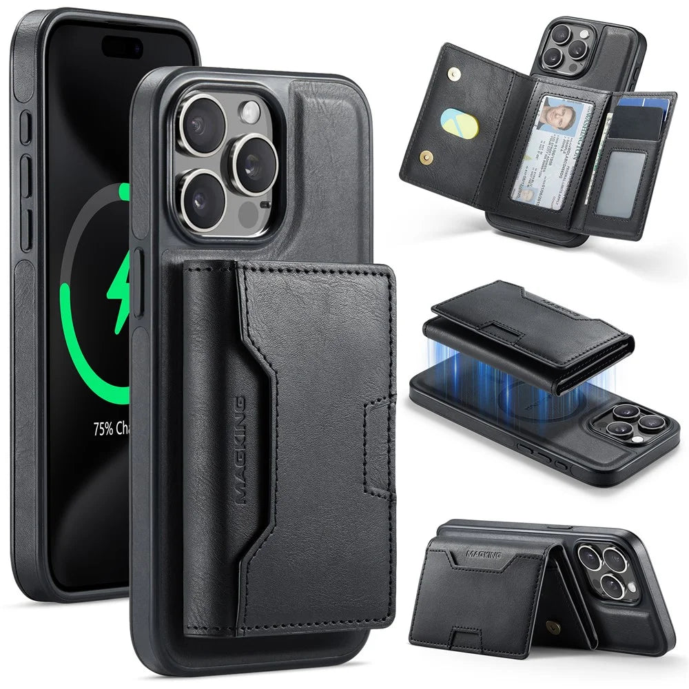MAGKING K4 Series For iPhone 15 Pro Max Case Compatible with MagSafe Detachable Wallet PU TPU PC Phone Cover - Black - 1