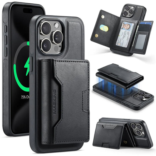 MAGKING K4 Series For iPhone 15 Pro Max Case Compatible with MagSafe Detachable Wallet PU TPU PC Phone Cover - Black - 1