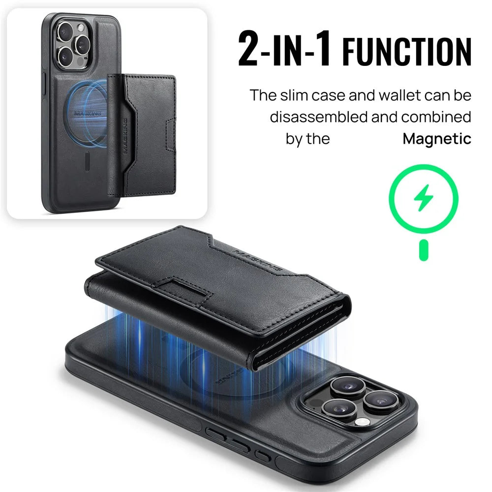 MAGKING K4 Series For iPhone 15 Pro Max Case Compatible with MagSafe Detachable Wallet PU TPU PC Phone Cover - Black - 5