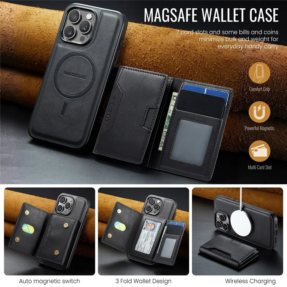 MAGKING K4 Series For iPhone 15 Pro Max Case Compatible with MagSafe Detachable Wallet PU TPU PC Phone Cover - Black - 6