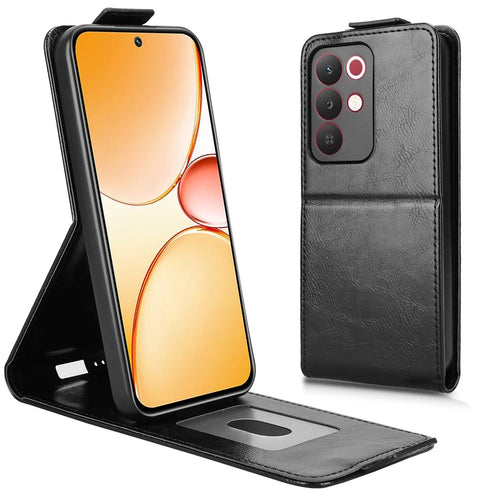 Stand Case For Realme C85 5G  /  15x (India) 5G Magnetic Clasp Vertical Flip Leather Phone Cover with Card Holder - Black - 1