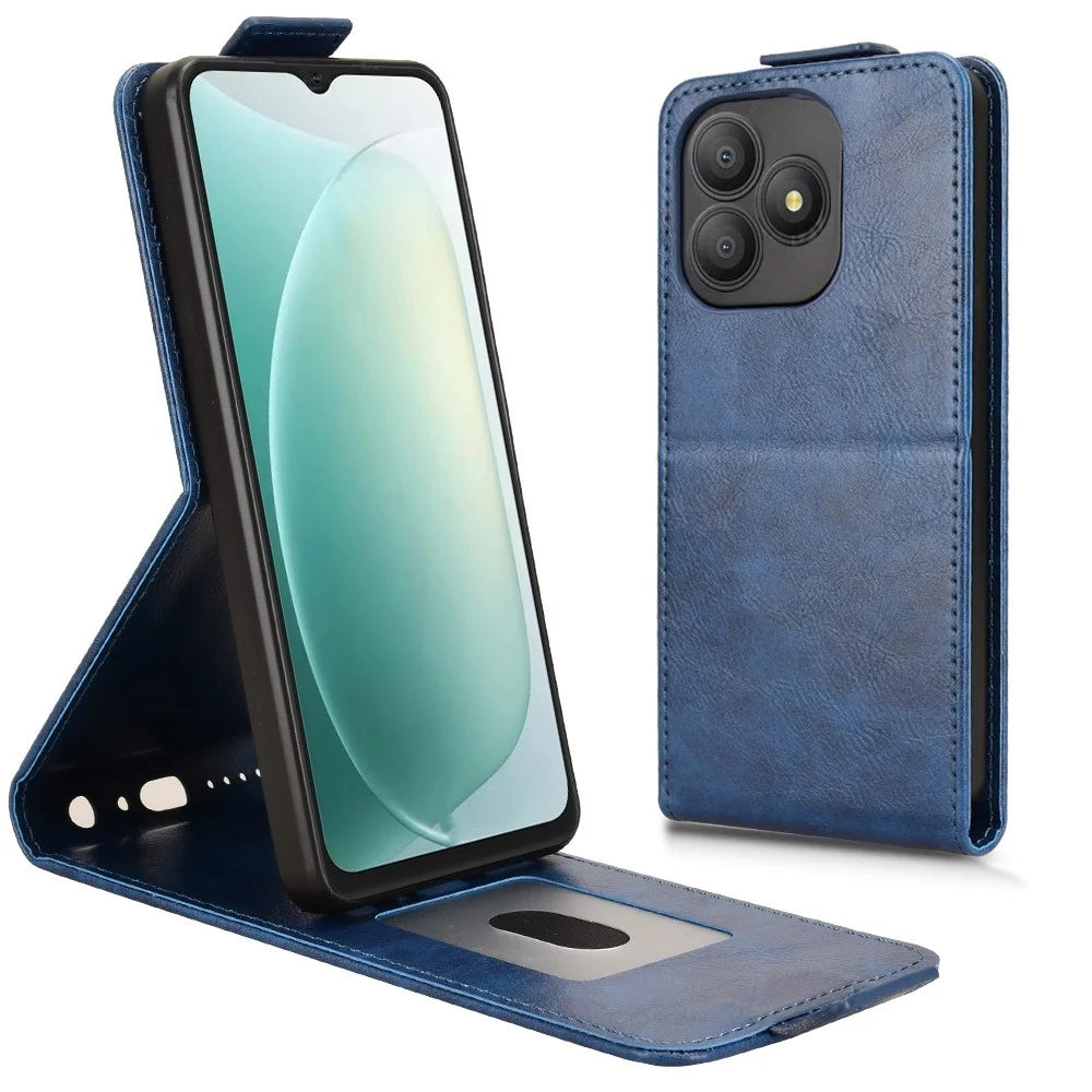 For Blackview Wave 9C Stand Case Magnetic Clasp Vertical Flip Leather Phone Cover with Card Holder - Dark Blue - 1