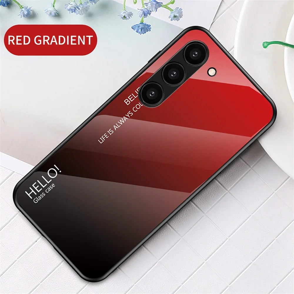 For Samsung Galaxy S23 Gradient Color Tempered Glass Phone Case Hard PC Soft TPU Anti-scratch Protective Back Cover - Gradient Red Black - 2