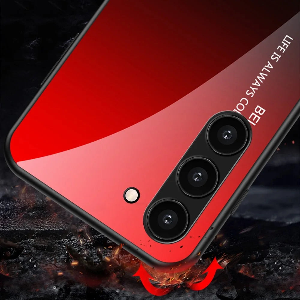 For Samsung Galaxy S23 Gradient Color Tempered Glass Phone Case Hard PC Soft TPU Anti-scratch Protective Back Cover - Gradient Red Black - 4