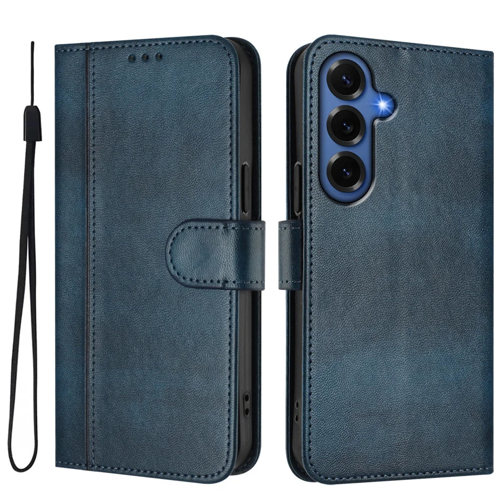 For Samsung Galaxy S26+ Cases Wallet Stand Retro Texture Leather Phone Cover with Lanyard - Blue - 1