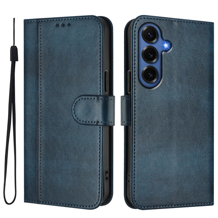 For Samsung Galaxy S26+ Cases Wallet Stand Retro Texture Leather Phone Cover with Lanyard - Blue - 1