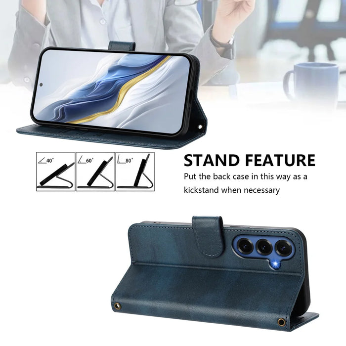 For Samsung Galaxy S26+ Cases Wallet Stand Retro Texture Leather Phone Cover with Lanyard - Blue - 4