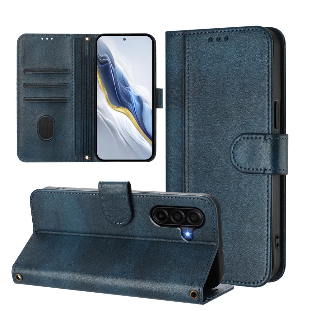 For Samsung Galaxy A37 5G / A36 5G / A56 5G Cases Wallet Stand Retro Texture Leather Phone Cover with Lanyard - Blue - 3