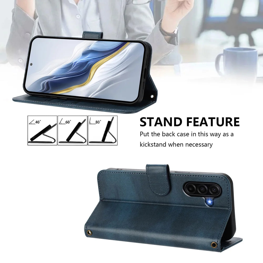 For Samsung Galaxy A37 5G / A36 5G / A56 5G Cases Wallet Stand Retro Texture Leather Phone Cover with Lanyard - Blue - 4