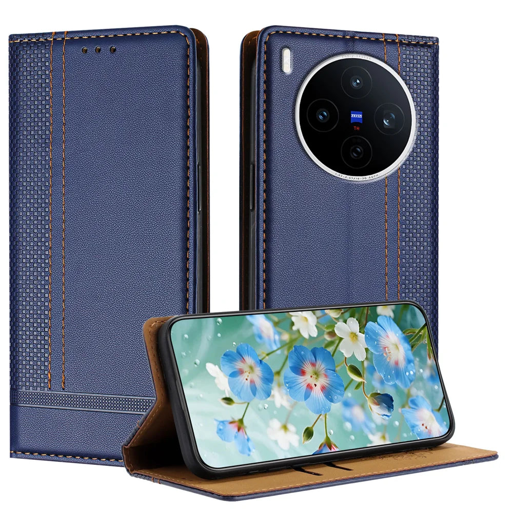 For vivo X300 Pro 5G Case L-Shaped Grid Pattern Leather Stand Phone Cover with Card Slots - Blue - 1