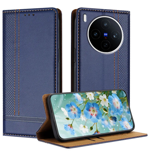 For vivo X300 Pro 5G Case L-Shaped Grid Pattern Leather Stand Phone Cover with Card Slots - Blue - 1