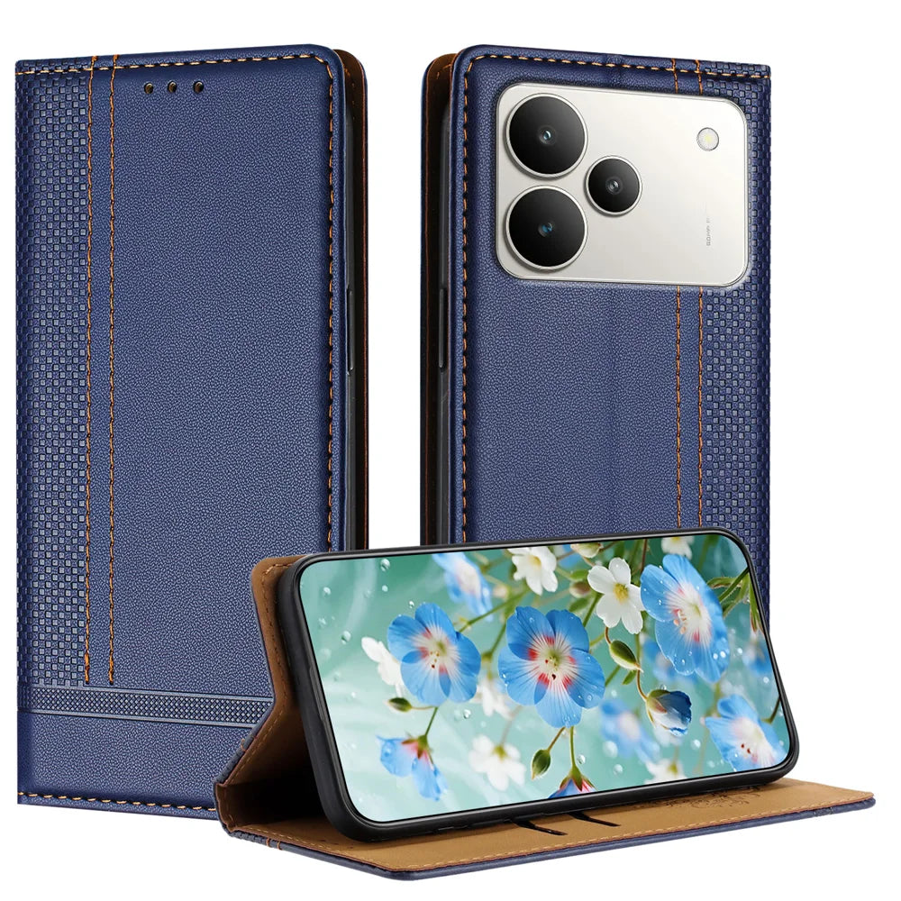 For Realme P4 5G Case L-Shaped Grid Pattern Leather Stand Phone Cover with Card Slots - Blue - 1