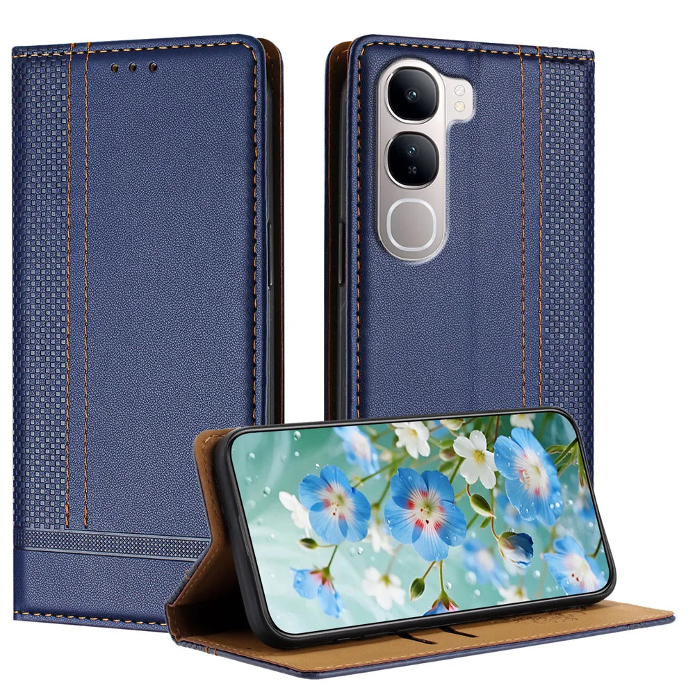 For vivo Y31 5G Case L-Shaped Grid Pattern Leather Stand Phone Cover with Card Slots - Blue - 1