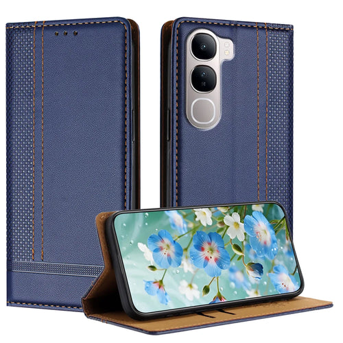 For vivo Y31 5G Case L-Shaped Grid Pattern Leather Stand Phone Cover with Card Slots - Blue - 1