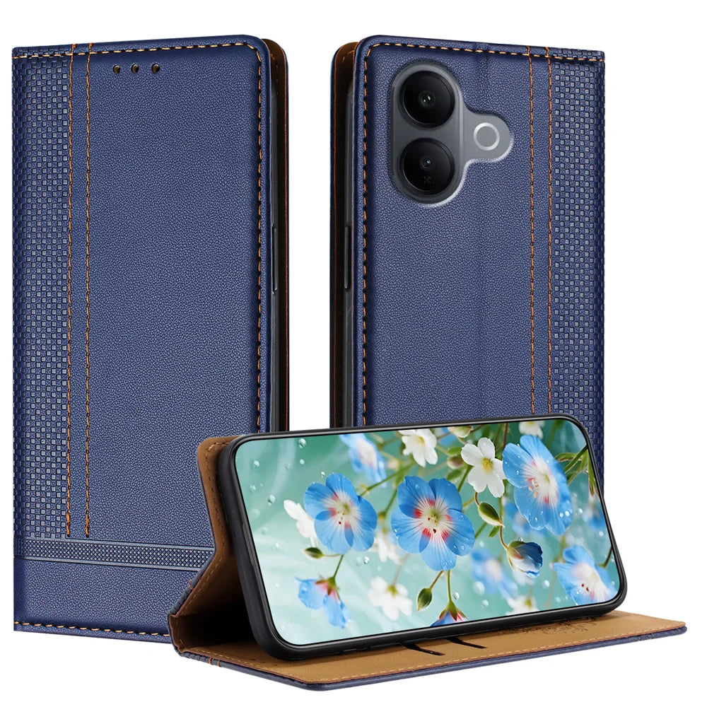 For vivo V60 Lite 4G / vivo V60 Lite 5G Case L-Shaped Grid Pattern Leather Stand Phone Cover with Card Slots - Blue - 1