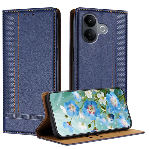 For vivo V60 Lite 4G / vivo V60 Lite 5G Case L-Shaped Grid Pattern Leather Stand Phone Cover with Card Slots - Blue - 1