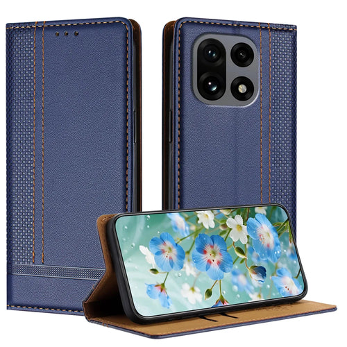 For OnePlus 15 5G Case L-Shaped Grid Pattern Leather Stand Phone Cover with Card Slots - Blue - 1