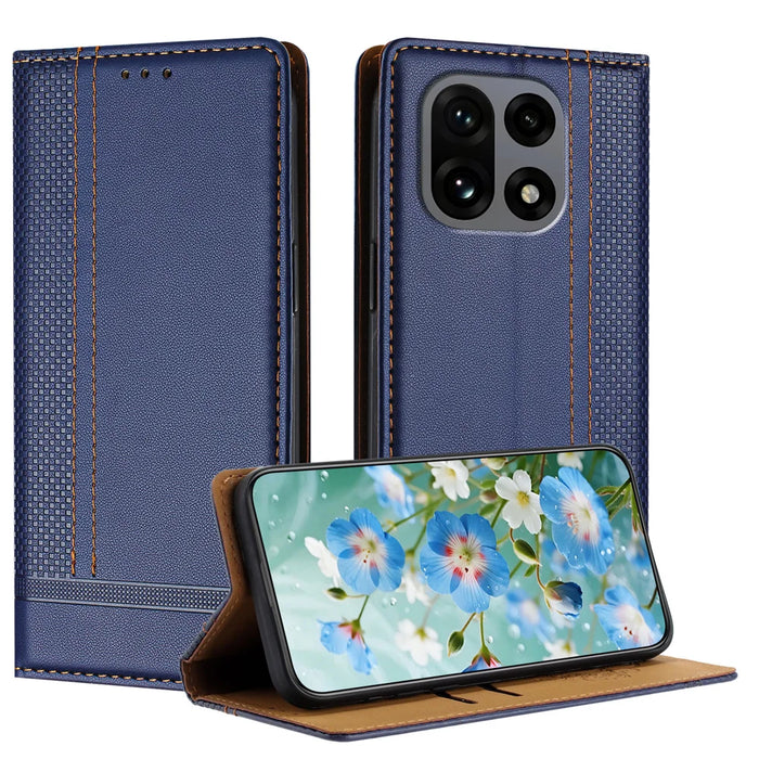 For OnePlus 15 5G Case L-Shaped Grid Pattern Leather Stand Phone Cover with Card Slots - Blue - 1